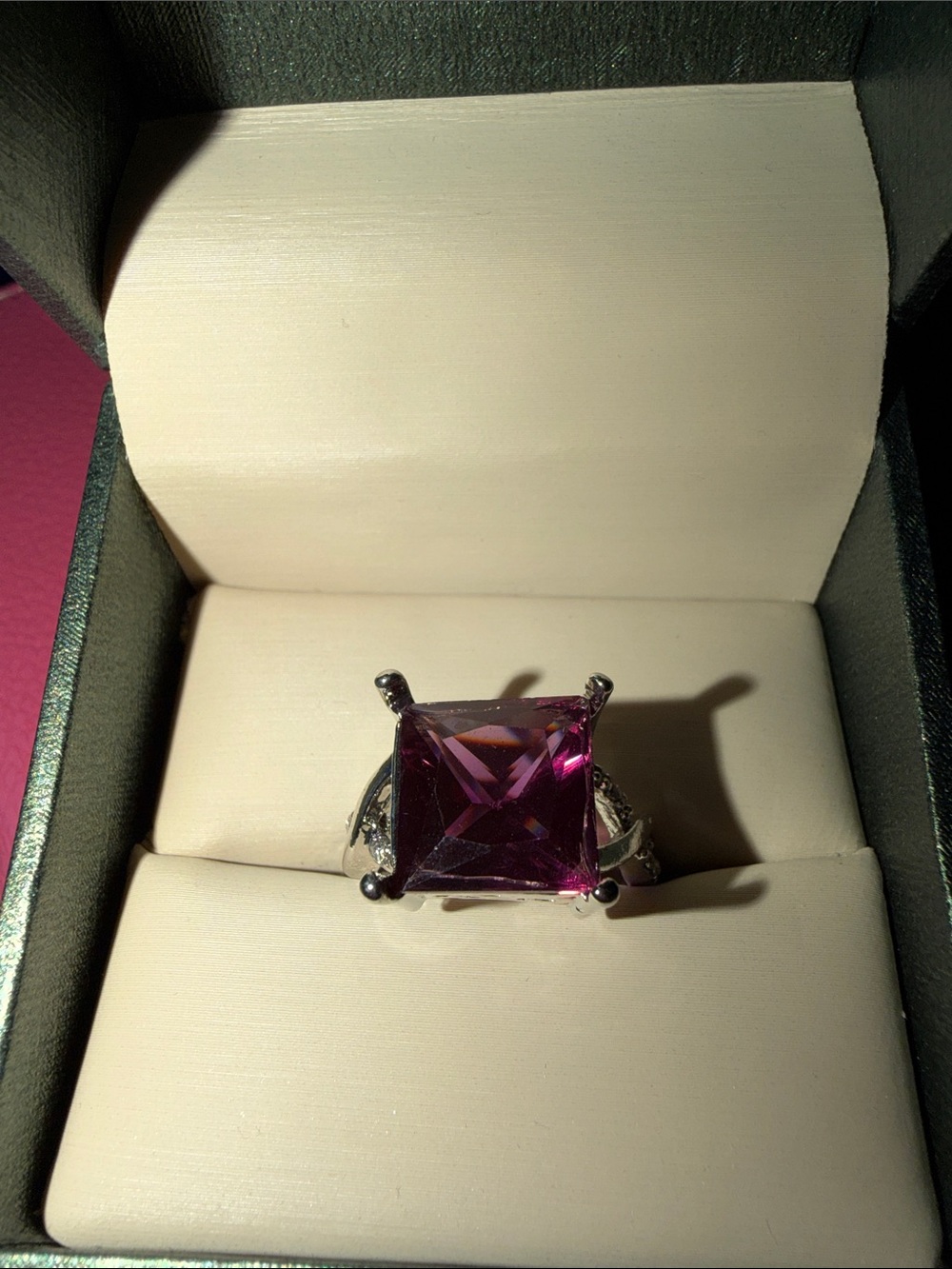 Silver Ring with Square Pink Gemstone